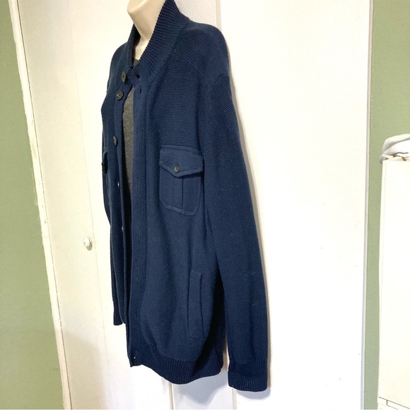 Grandpa Slouchy Cardigan Sweater John Bartlett Navy Blue Cotton  Patched Elbows - Picture 14 of 15